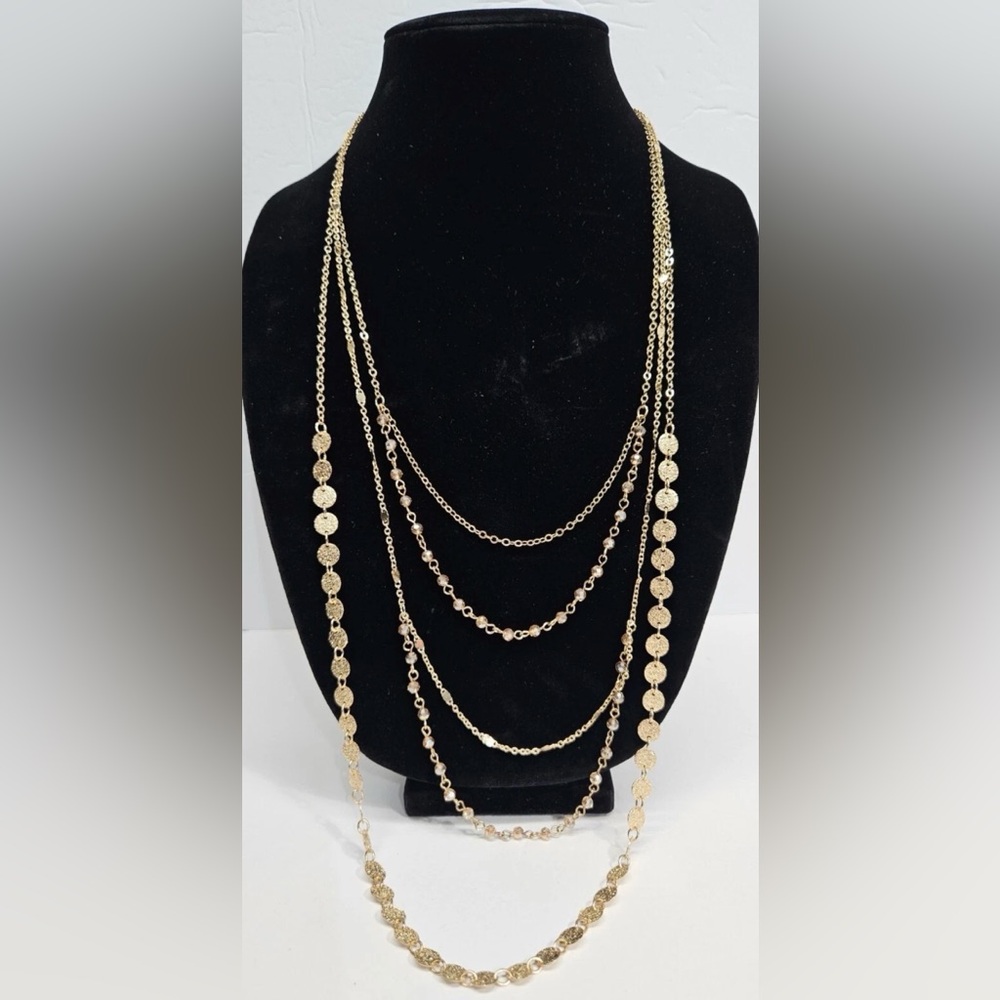 Vintage Multi-Layer Chain Gold Tone Bronze Faceted Crystal Bead Necklace Elegant